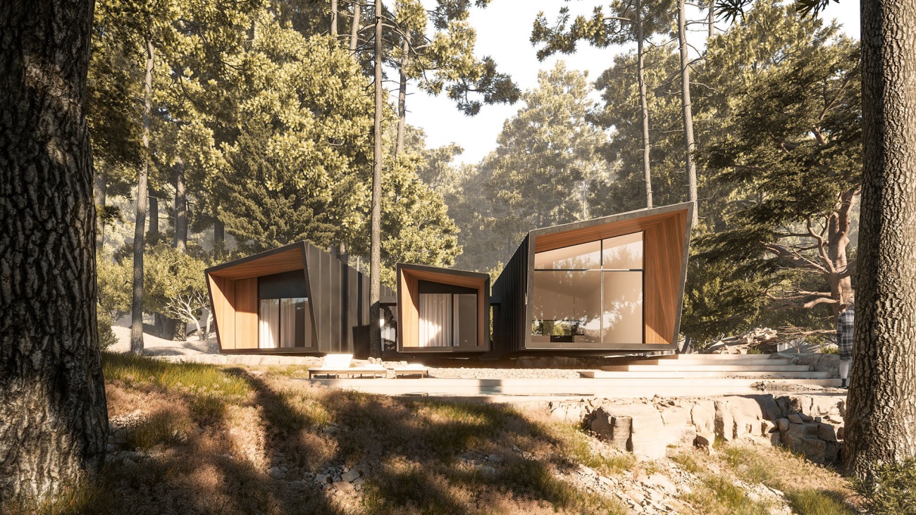 fachada de casa prefabricada modular rodeada de árboles.